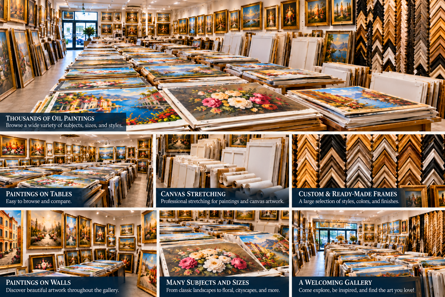 Explore oil paintings, canvas stretching, custom and ready-made frames